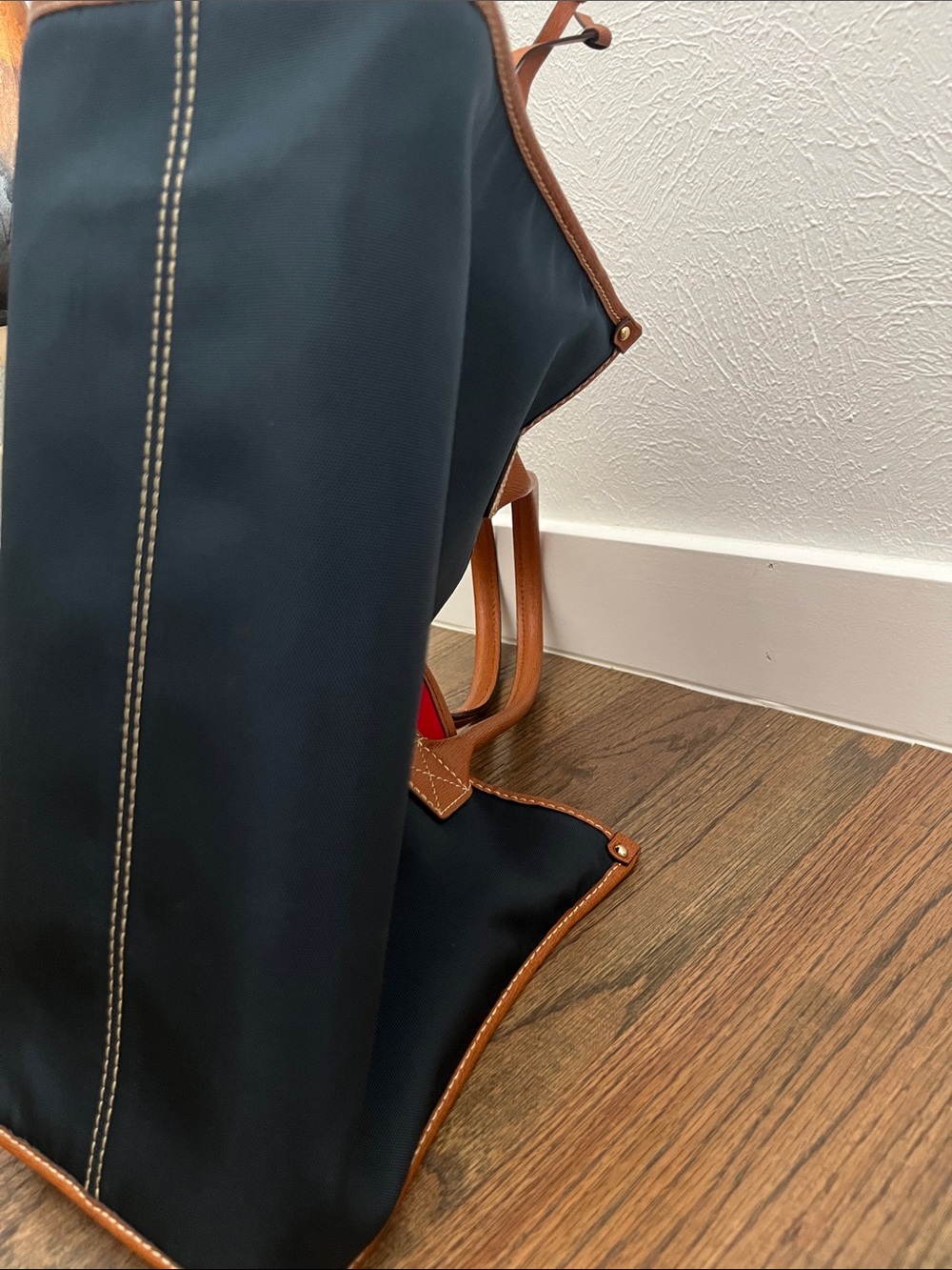 Dooney & Bourke Navy Tote with Tan Leather Trim and Red Interior - Picture 10 of 10